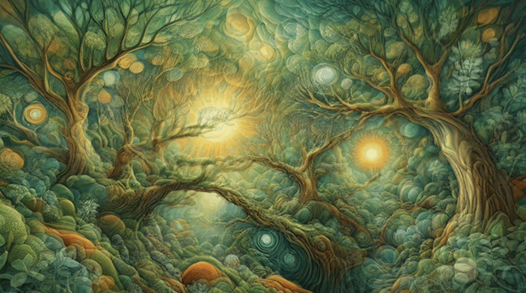 Swirling green trees and golden suns in the Ancestral Forest, one of the best 4K trippy visuals for shroom trips.